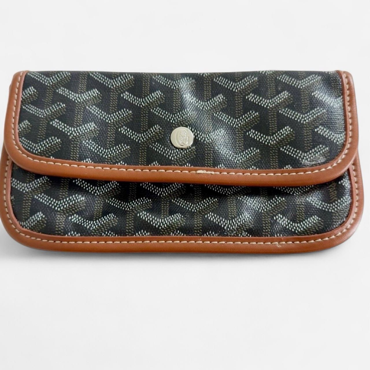 Goyard Women’s Wallet Black Geometric Logo Pattern Snap Closure Brown Trim