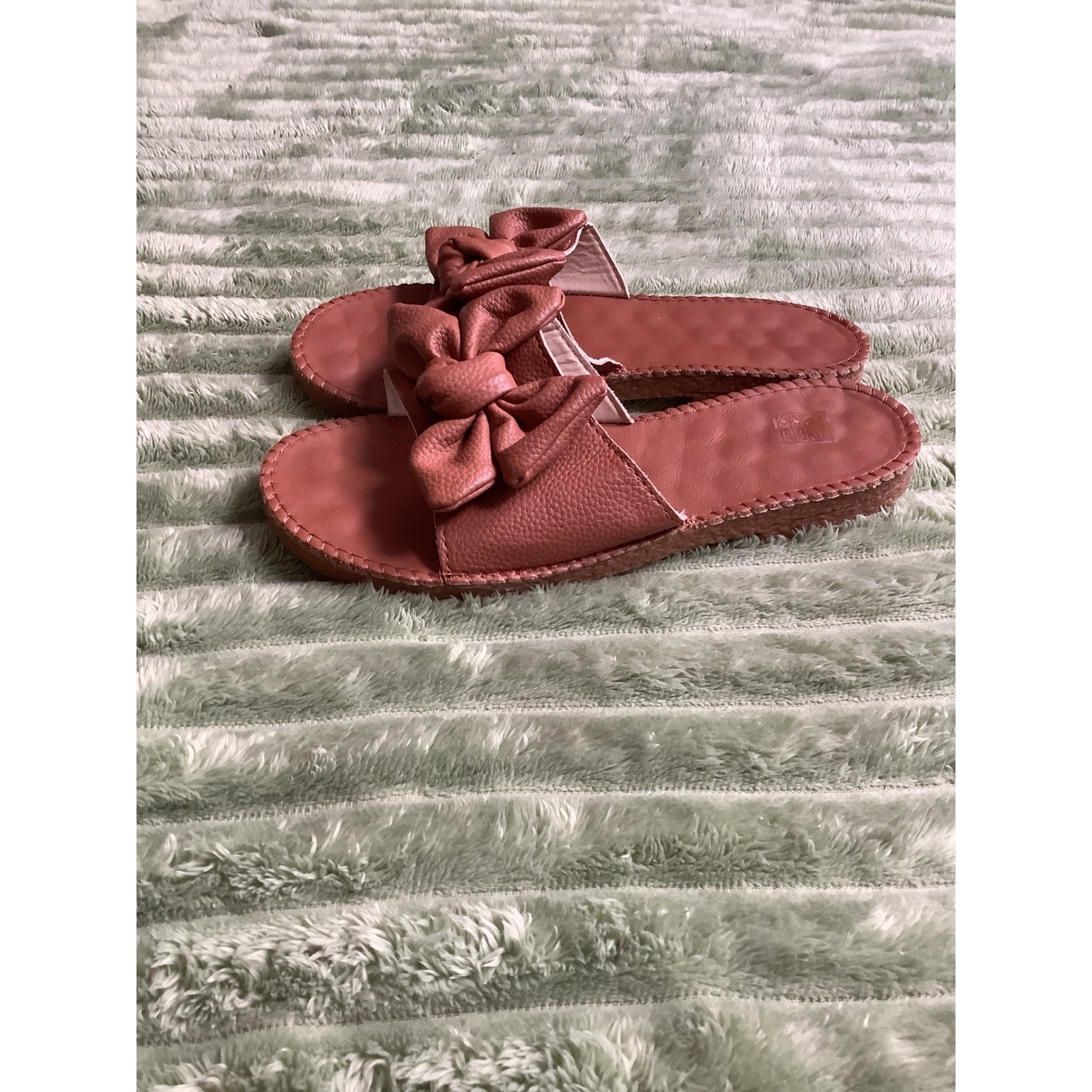 Womens Dusty Rose Bow Slide Sandals Textured Faux Leather Slip On Flat Shoes