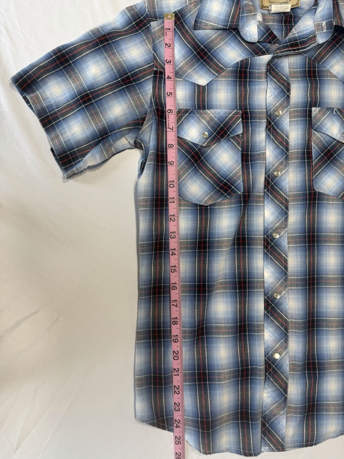 Wrangler Men’s Western Pearl Snap Shirt Blue Plaid, Short Sleeve, Size Small