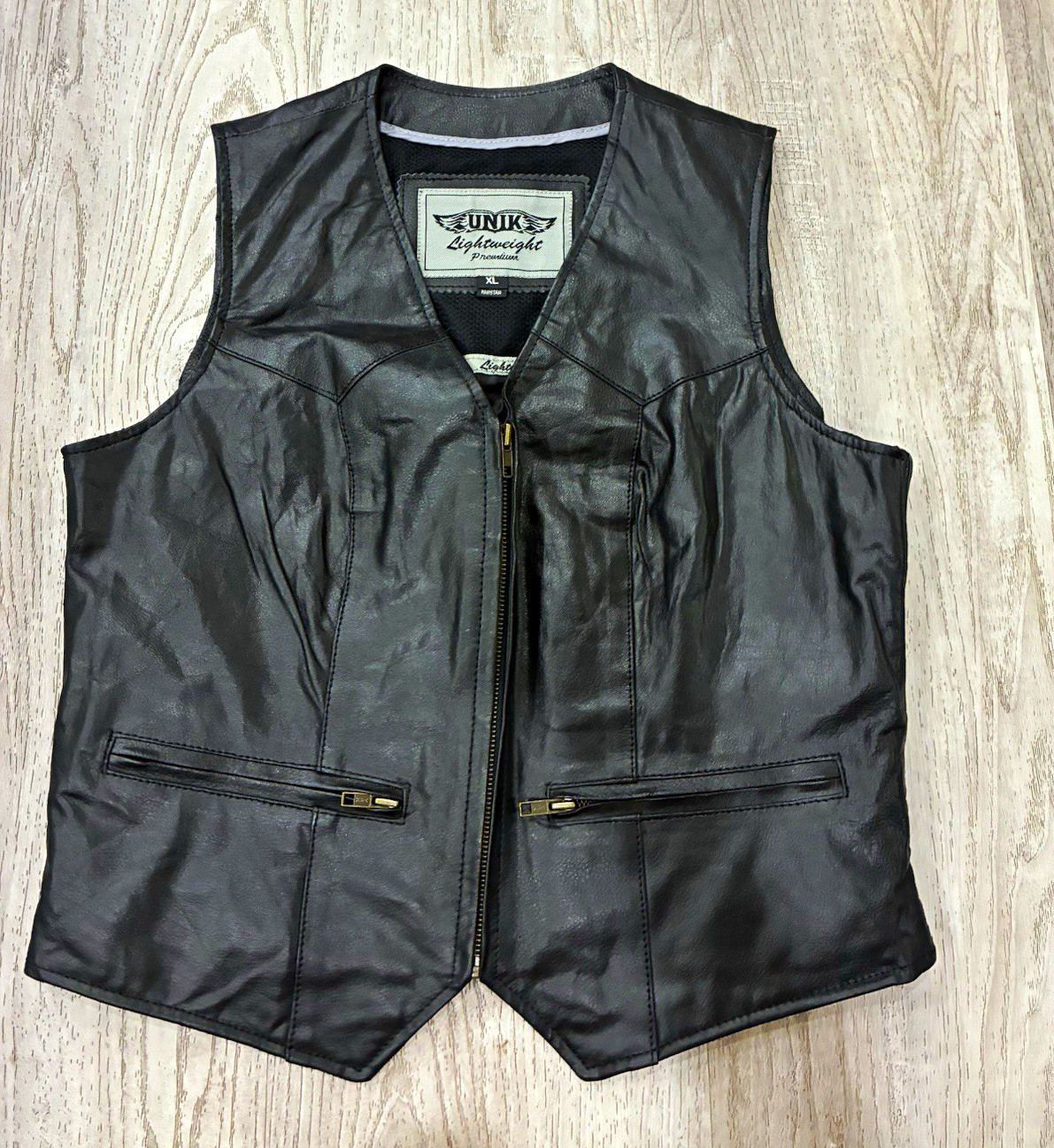 Unik Men’s Black Leather Biker Vest XL Zip Front Stand-Up Collar Pockets