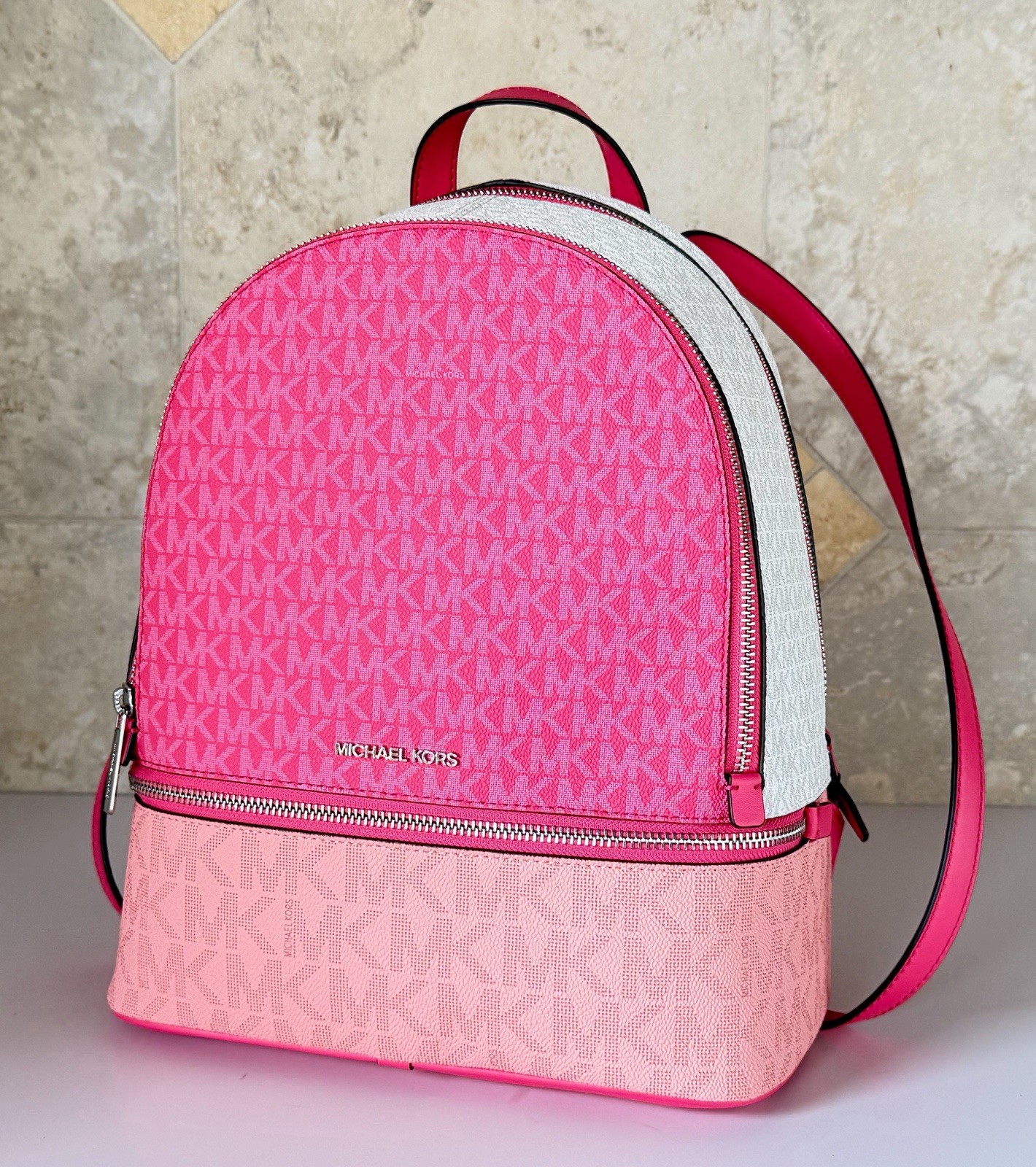 Michael Kors Rhea Medium Zip Backpack MK Color-Block Hibiscus Multi