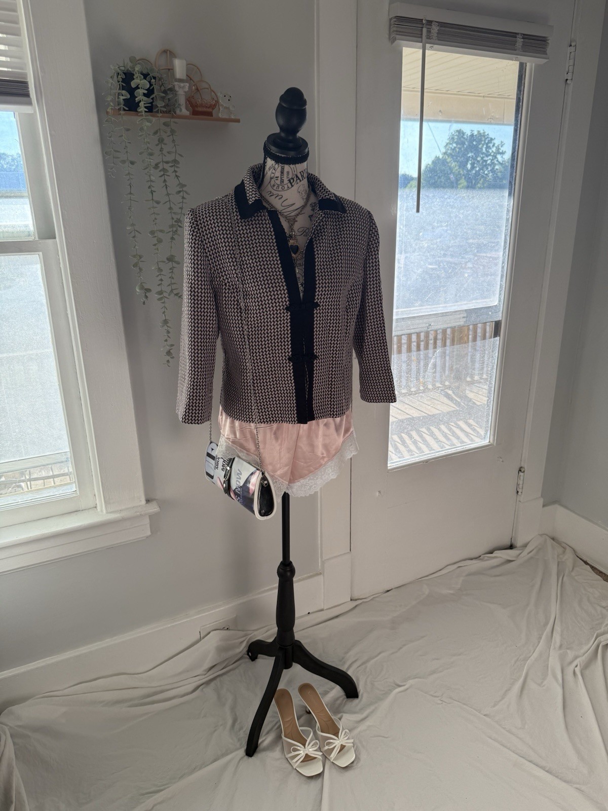 Miss Dorby Women’s Vintage Black/Pink Houndstooth Short Jacket Collared Size 12