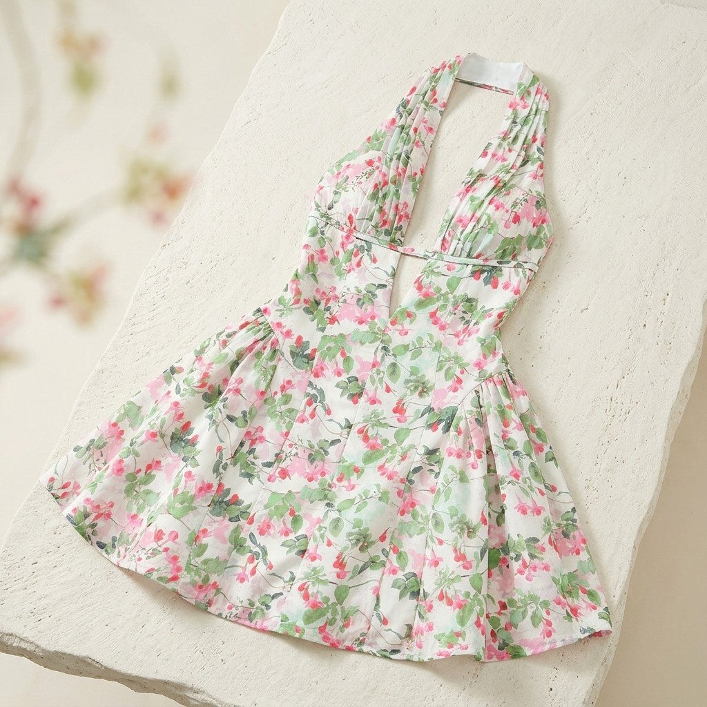 Women’s Polka Dot Halter Mini Dress Backless A-Line Summer Party Dress