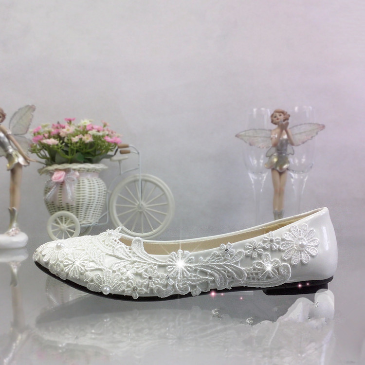 Lace white ivory crystal Women’s Wedding shoes Bridal flats low high heel pump