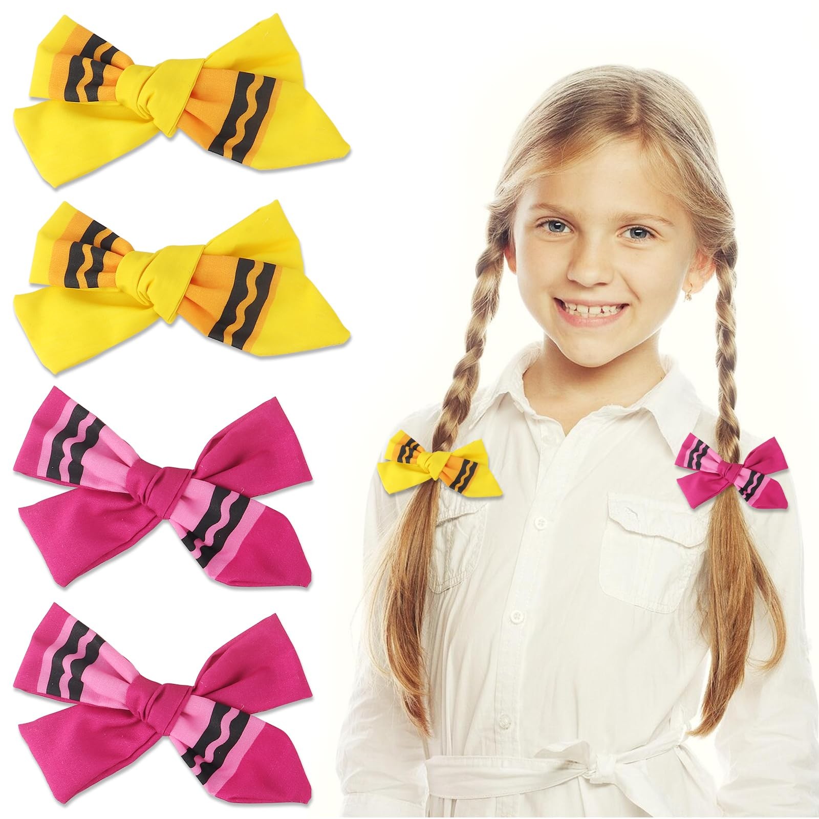 2PCS Back To School Pencil Hair Bow Clips Pink Yellow First Day Outfit Bows