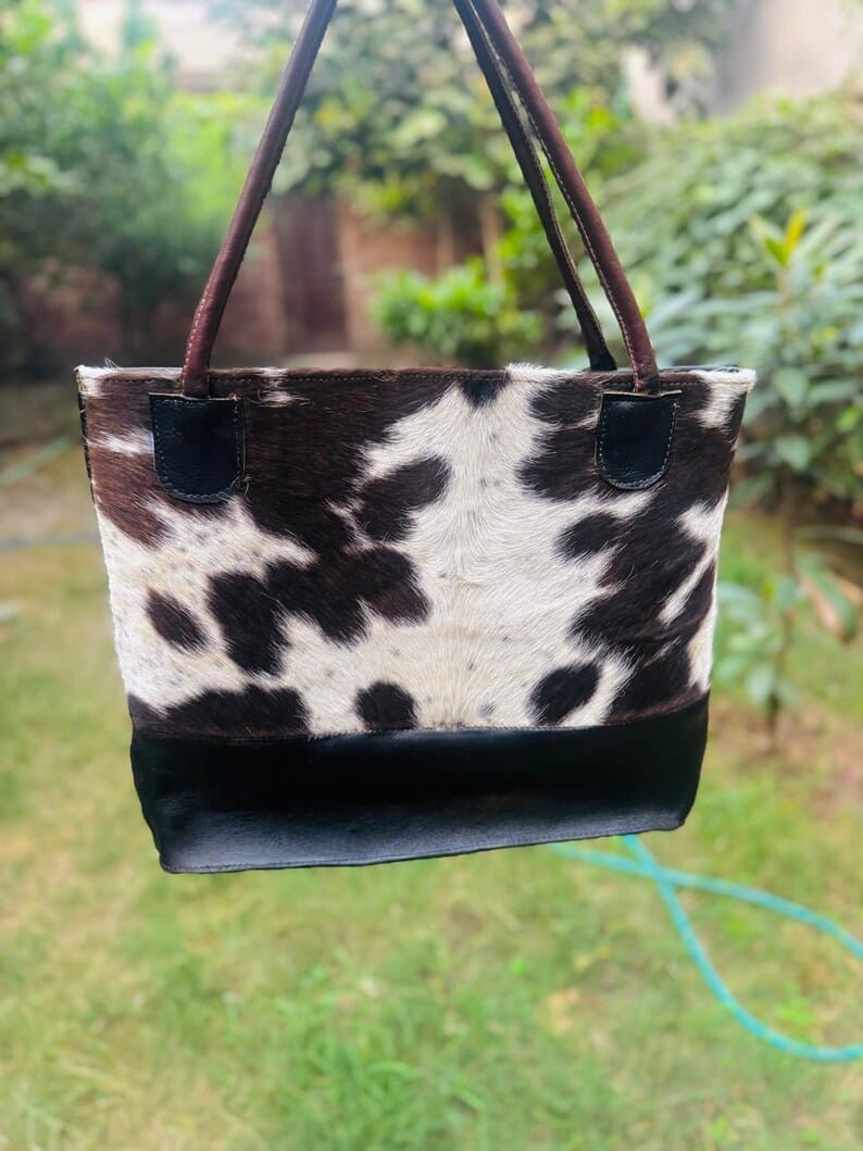 Genuine Cowhide Leather Tote Bag Black & White Hair-On Hide Shoulder Handbag 17″