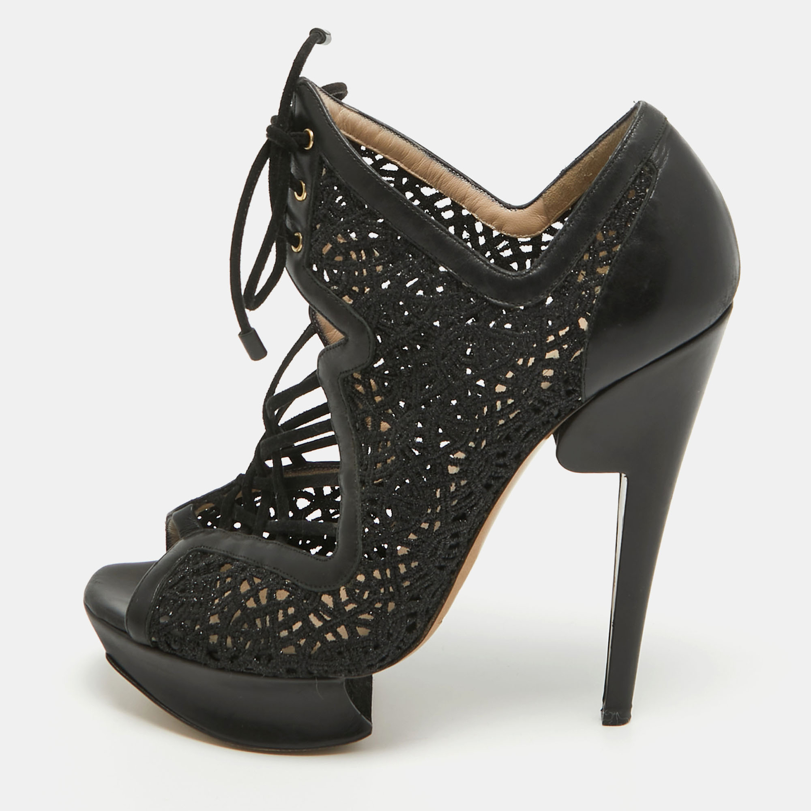 Nicholas Kirkwood Black Mesh and Leather Cutout Lace Up Booties Size 36