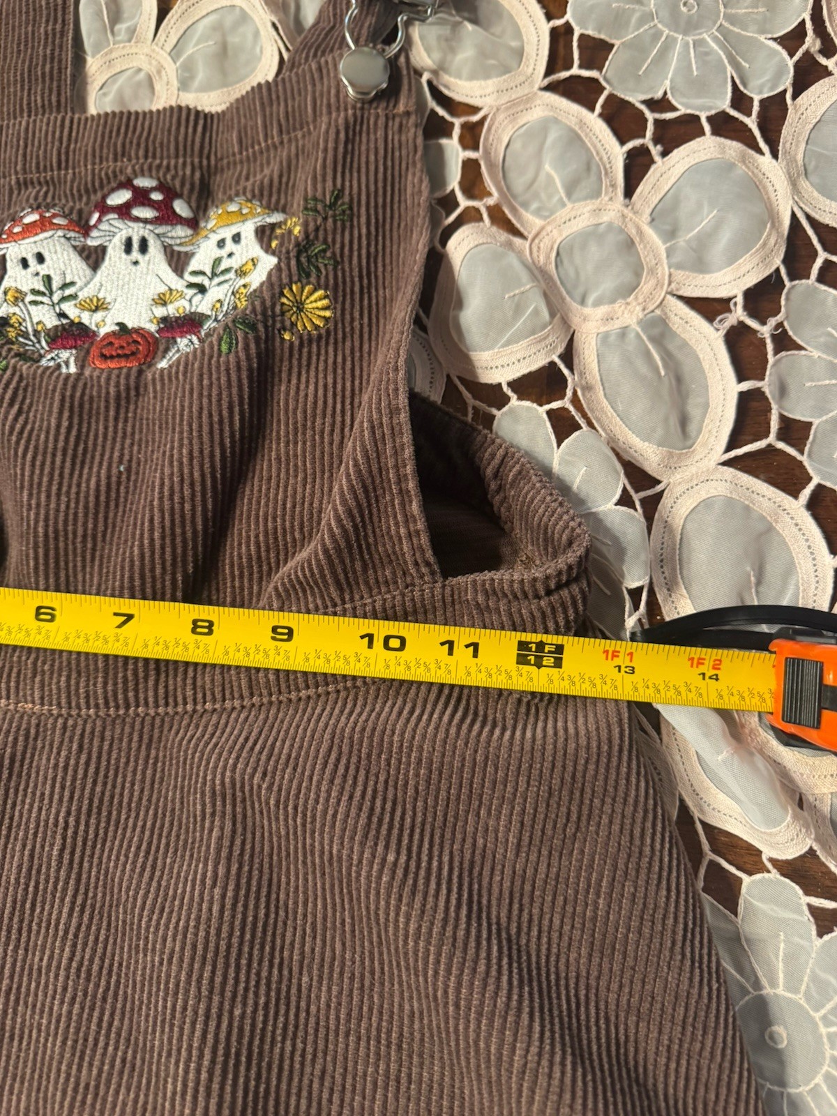 Thorn & Fable Ghost Mushroom Corduroy Skirtall Brown Embroidered S Overall Dress