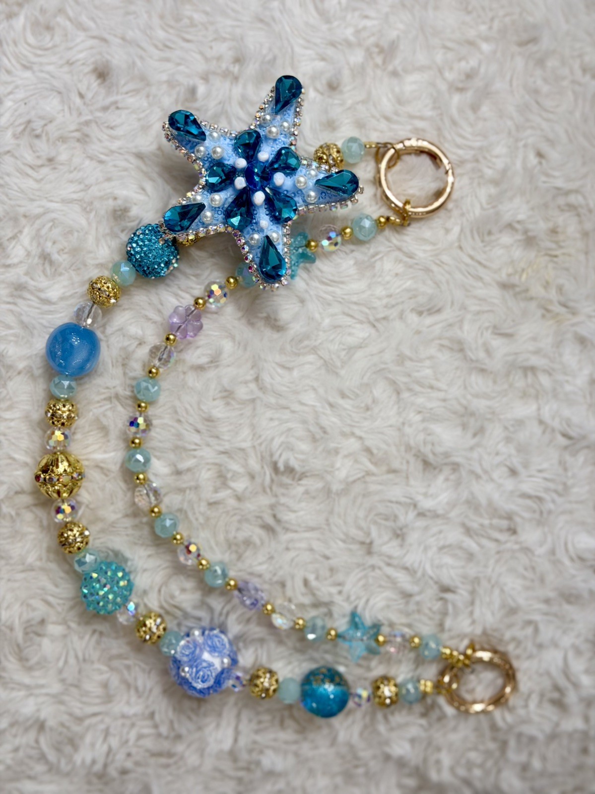 Crystal Light Blue and Gold Starfish Handbag and Keychain Charm