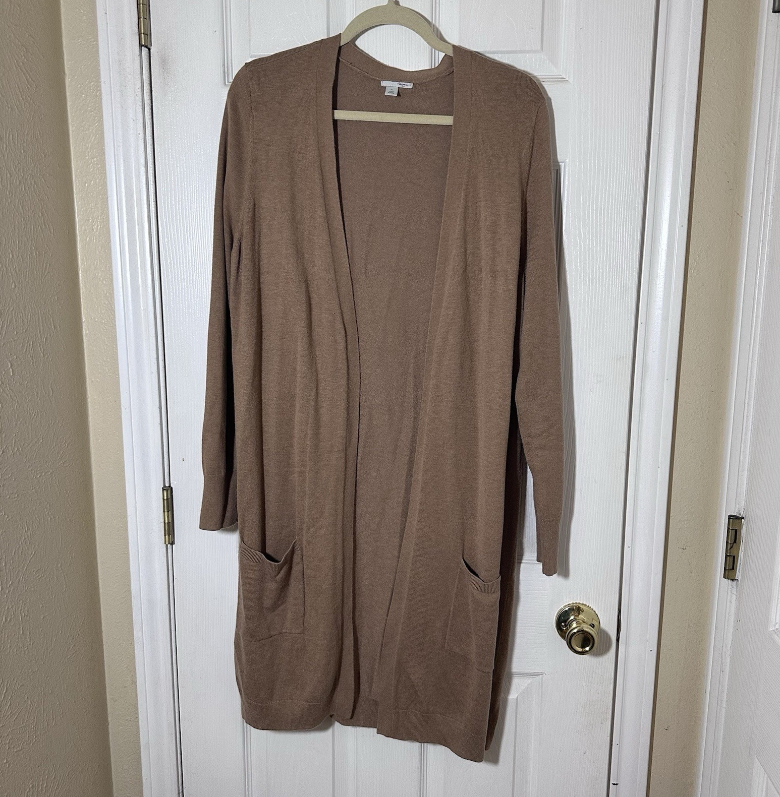 Halogen XL Brown Knit Cardigan Sweater Open Front Pockets Long Sleeve Lagenlook