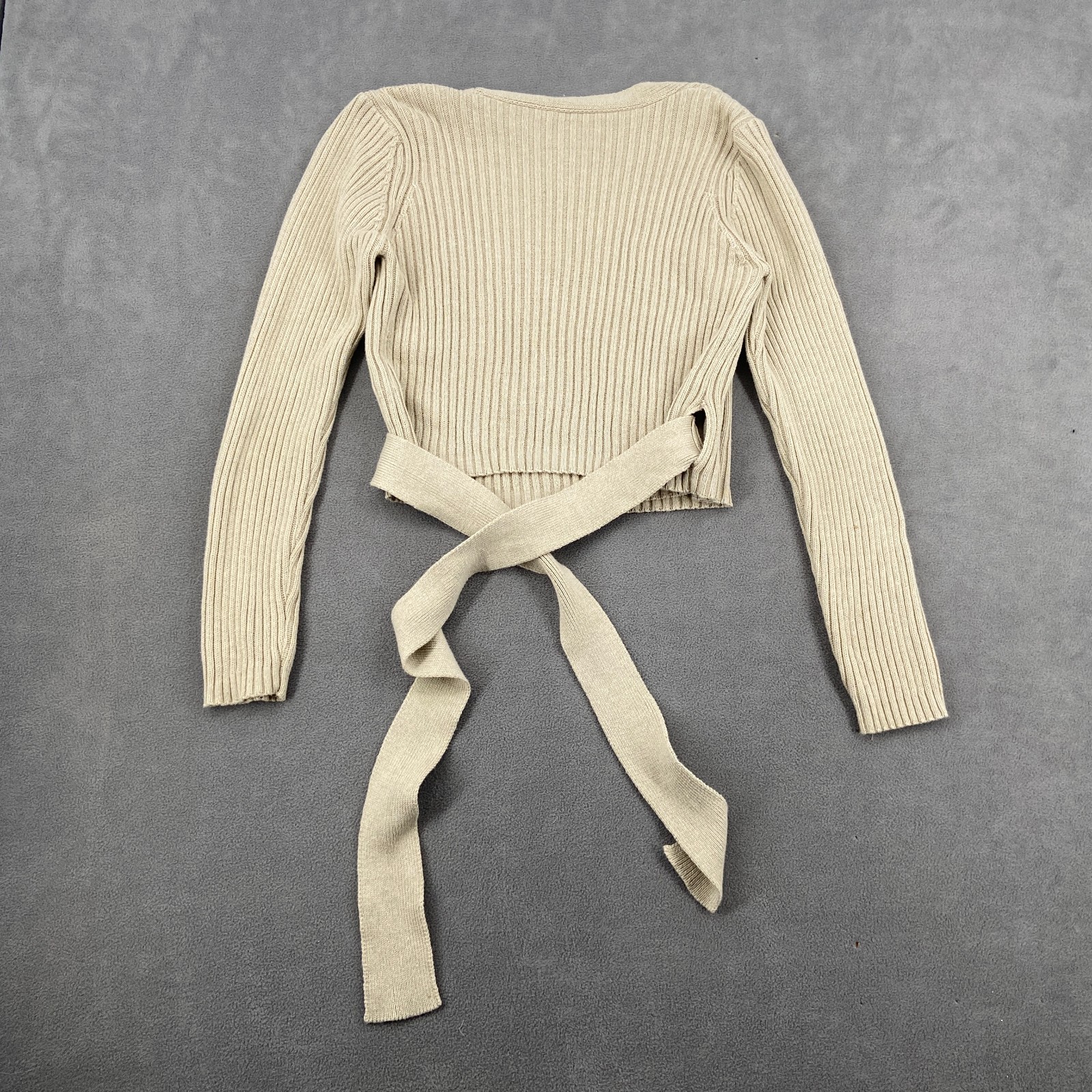 NA-KD Cropped Wrap Sweater Womens Medium Beige Ribbed Knit Coquette Tie Waist