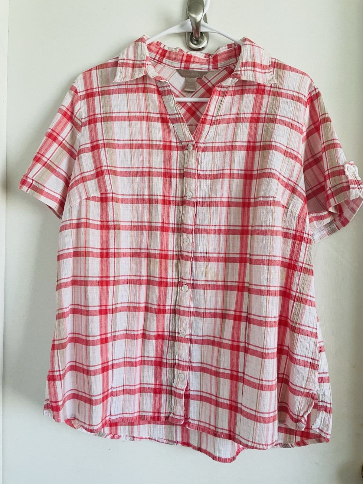 White Stag Red White Plaid Cotton Woven Button-Up Shirt L Regular Short Sleeve