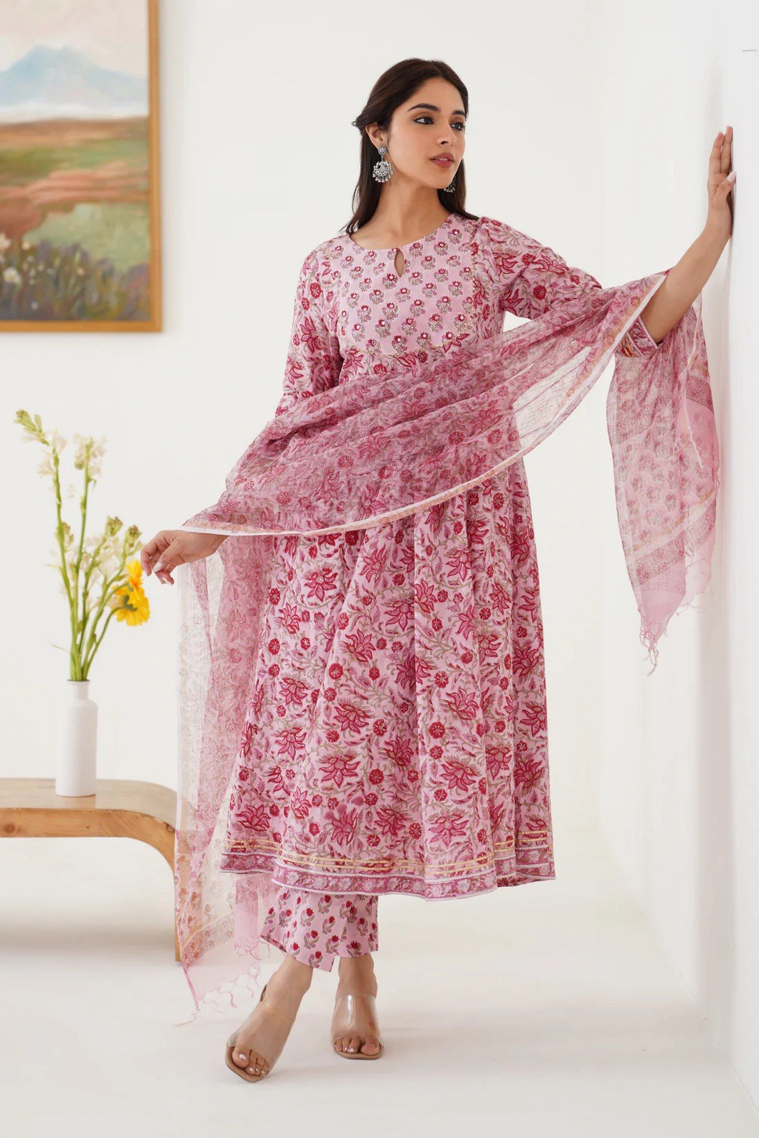 Murraya Pink Petunia Embroidered Anarkali Sz. Large New in Package Kurta Dupatta
