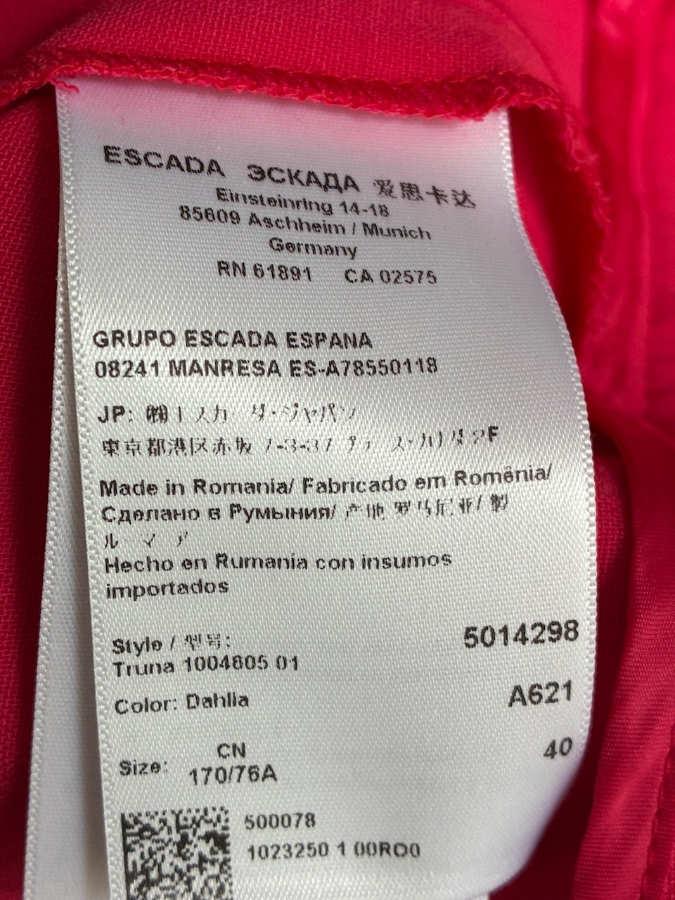 Escada “Truma” Tailored Cropped Trousers – Dahlia Pink, Size IT 40 (UK 12)