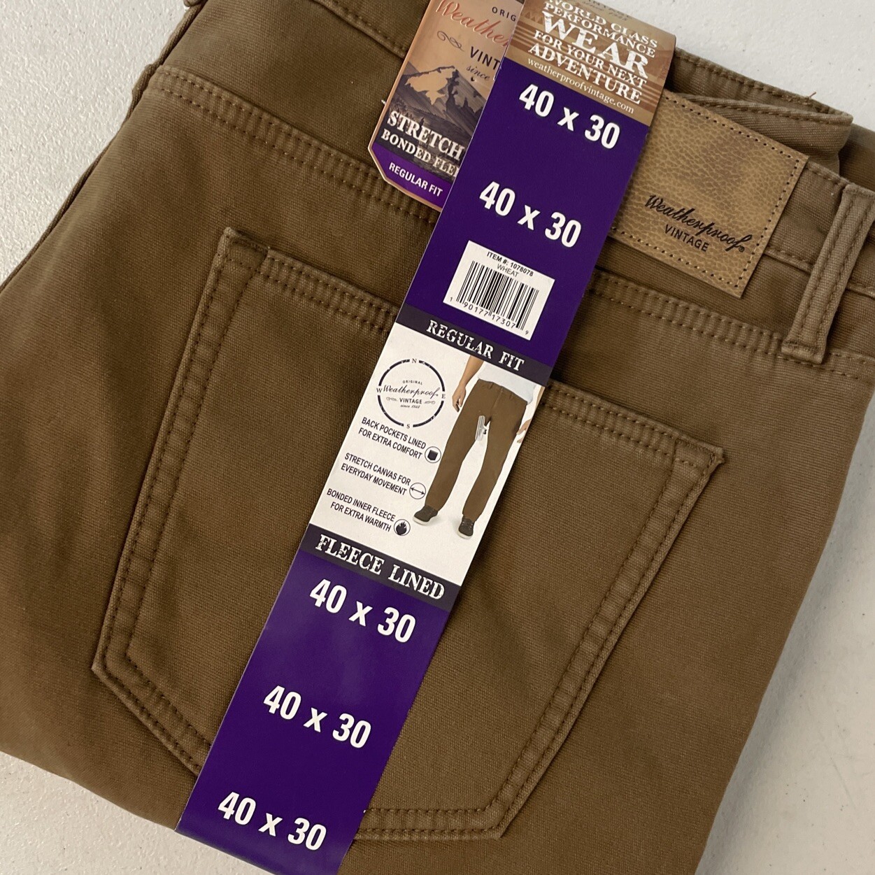 Weatherproof Vintage Men’s Fleece Lined Stretch Canvas Pant 40×30 BROWN Regular