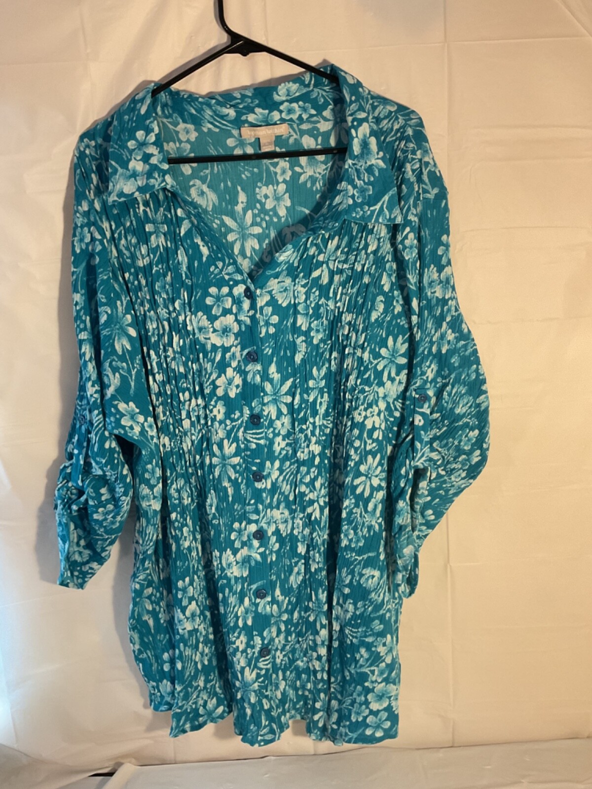 Woman Within Shirt plus 4X 34-36 Green floral 3/4 sleeve button up Collared
