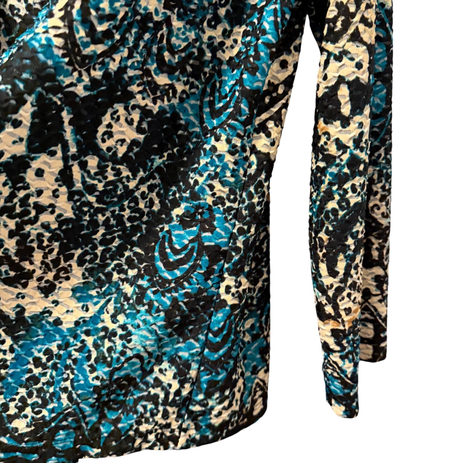 Chicos Open Front Cardigan Jacket Sz M Black Blue Beige Abstract Print