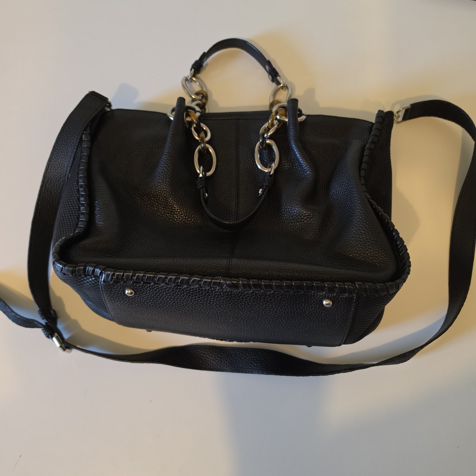 DA MILANO Black Pebbled Satchel Top Handle Zip Bag w/ Detachable Strap