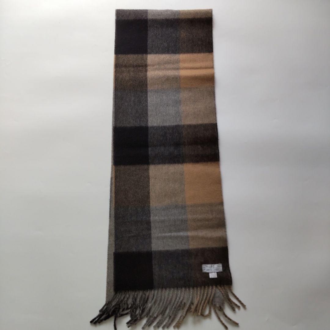 Joshua Ellis Cashmere Scarf Block Check Gray Beige Reversible Fringe Men Women