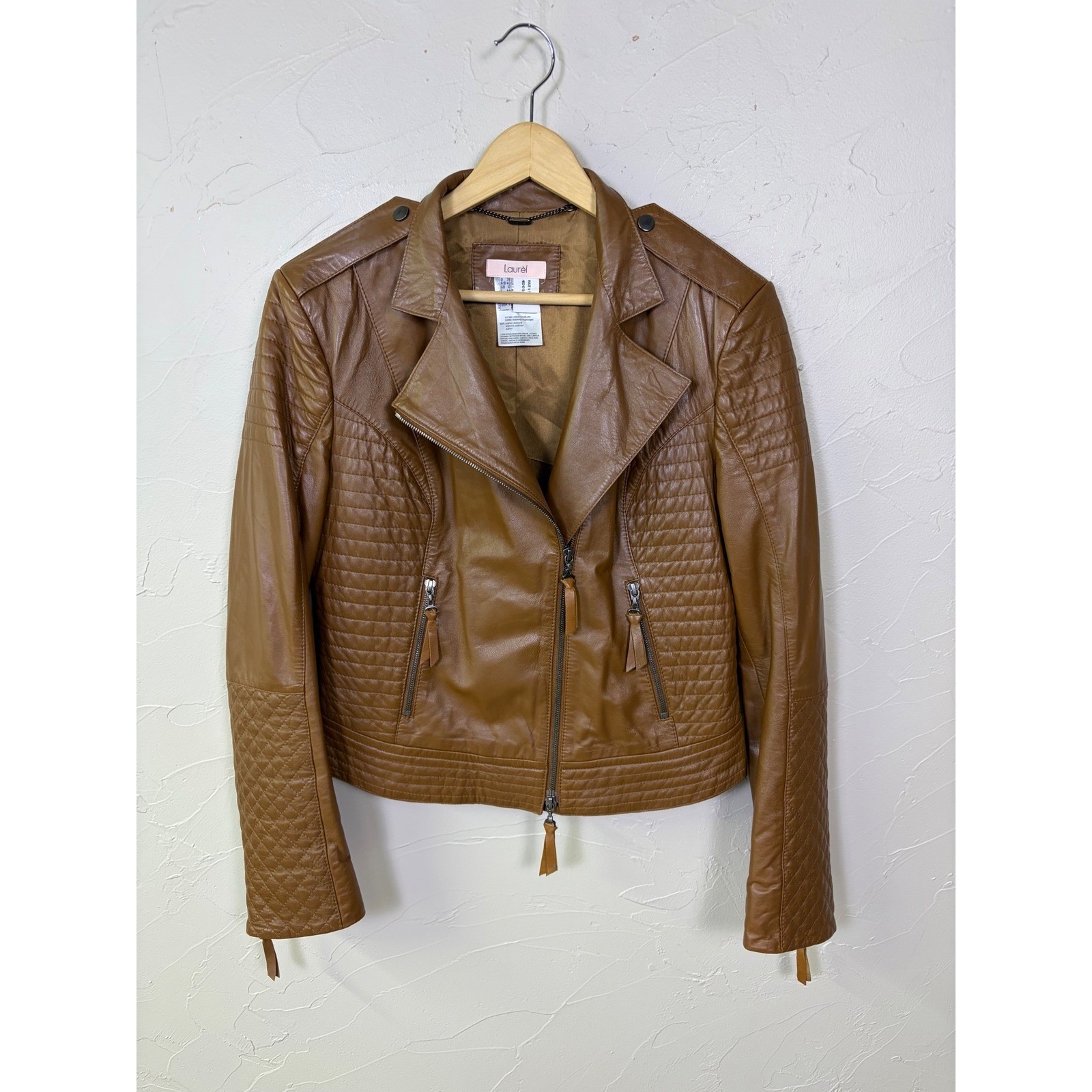 Lambskin Nappa Leather Moto Jacket Womens 8 Cognac Brown Biker Chic Designer