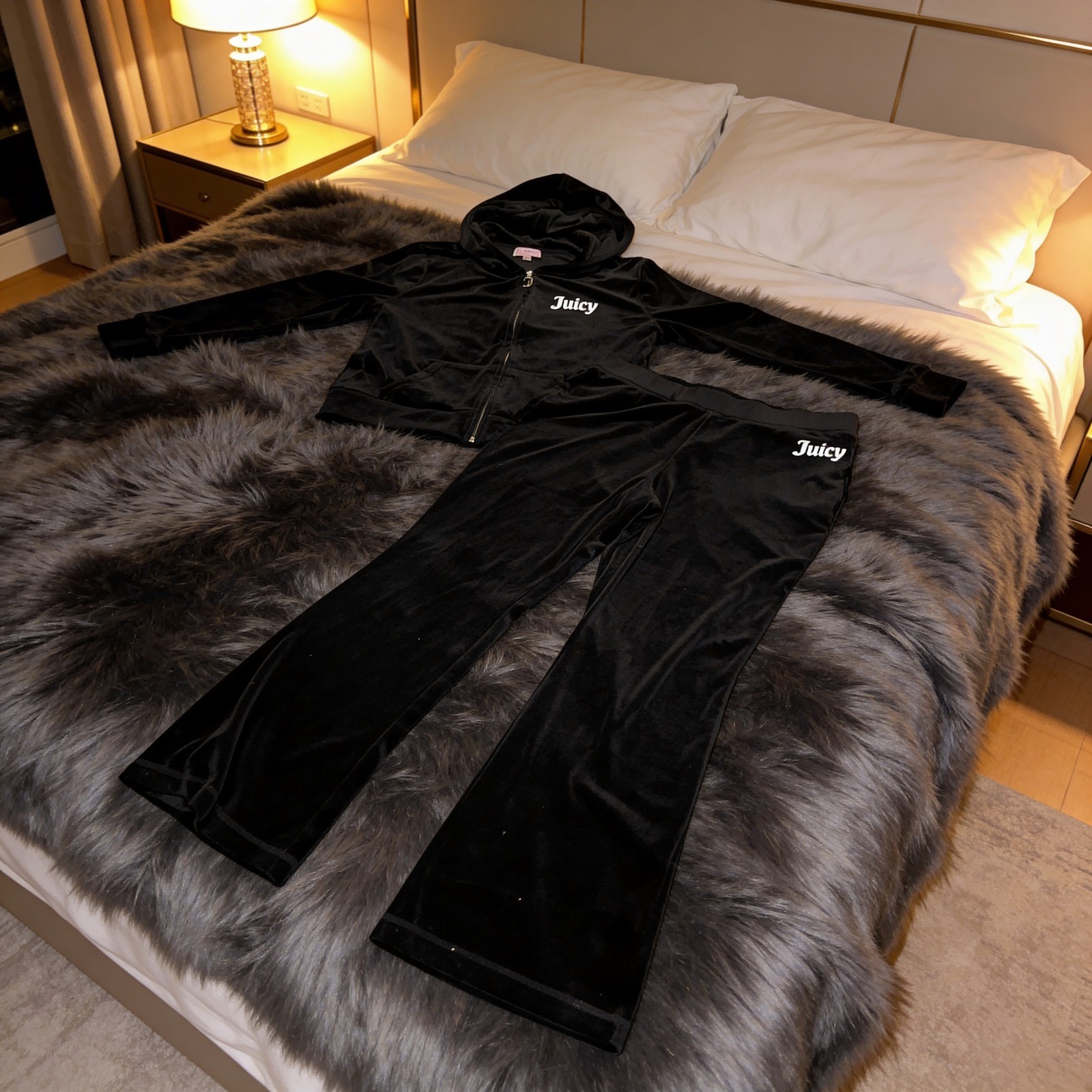 Juicy Couture Black Velour Tracksuit Rhinestone Logo Hoodie Pants Set y2k L