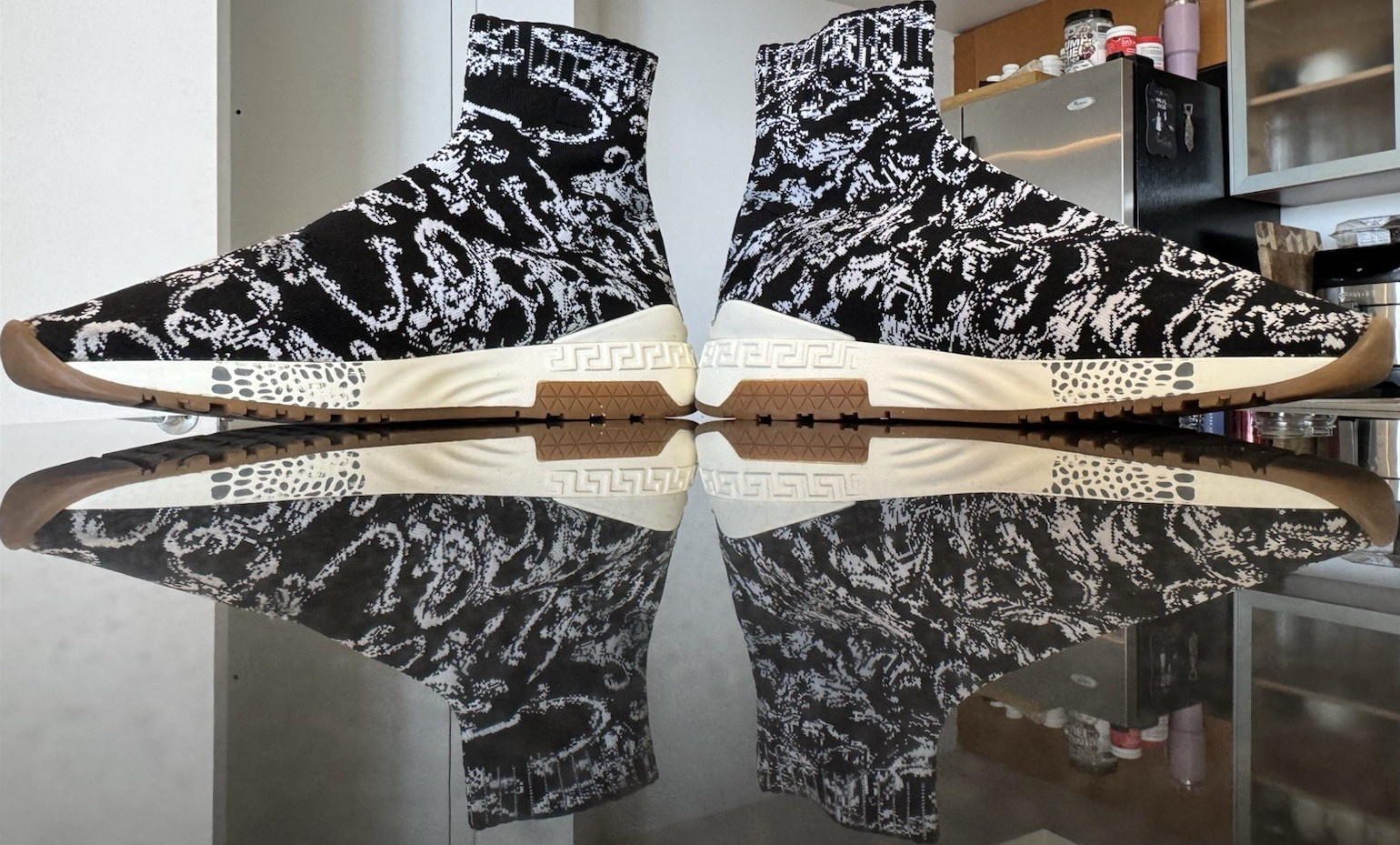 Versace Sock Sneakers Pull On Black White Logo Knitted Fabric Casual Shoes Men