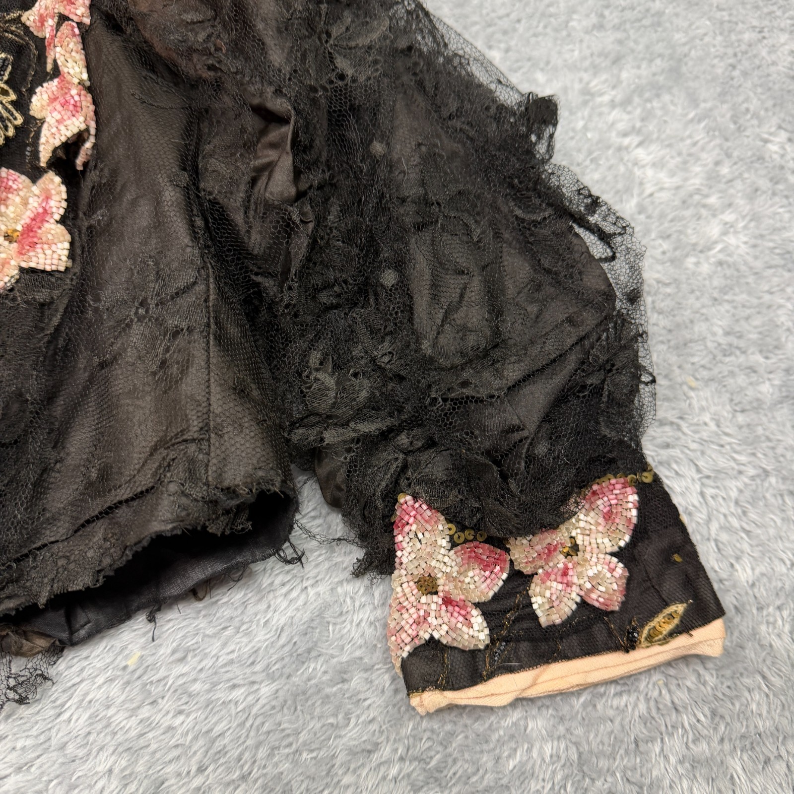 Antique Edwardian Jacket Black Pink Floral Beaded Silk Victorian Early 1900s