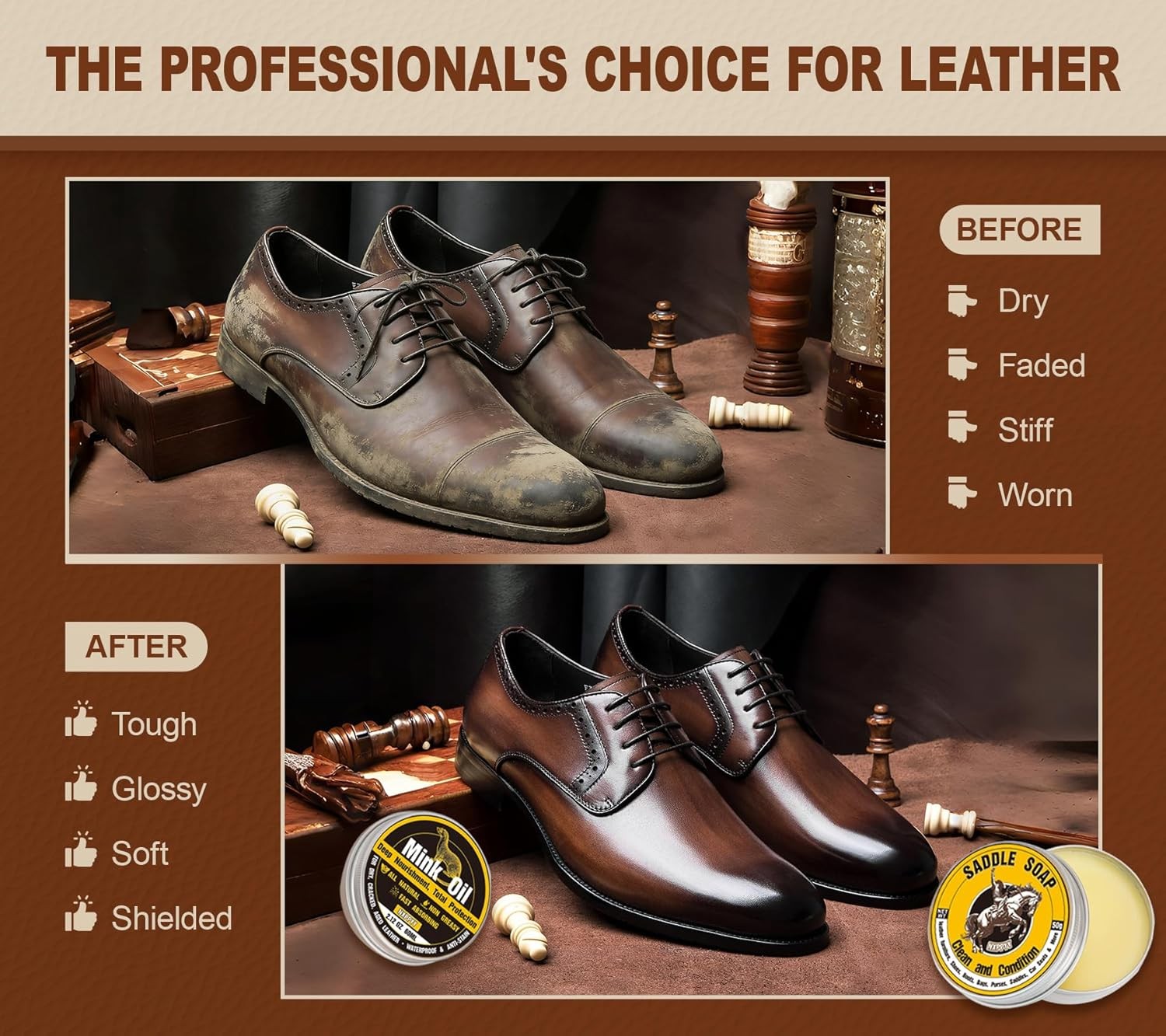 6-in-1 Leather Boot Care Kit – Mink Oil & Saddle Soap Cleaner for Shoes & Bags