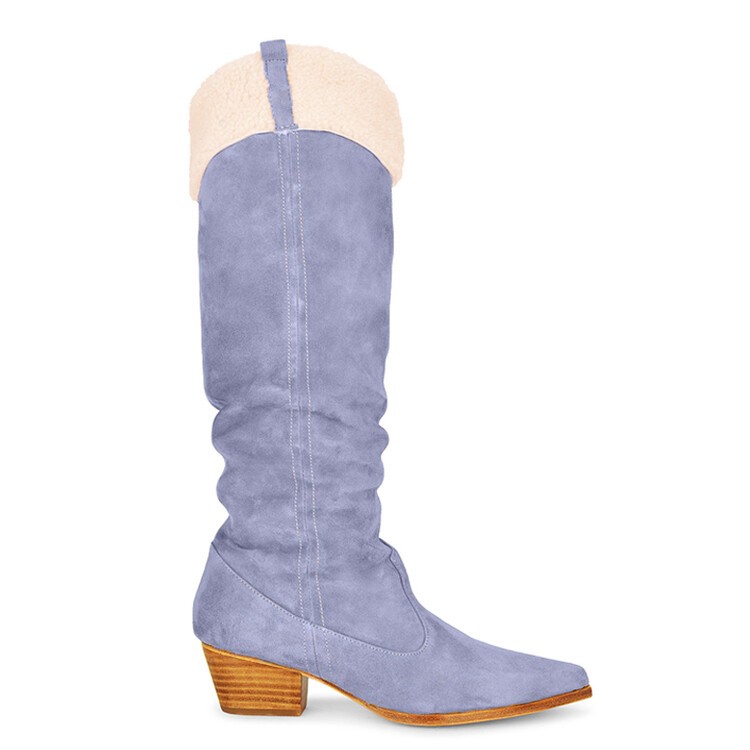 Cowboy Pointed Toe Women’s Real Suede Leather Knee High Long Boots Block Heel
