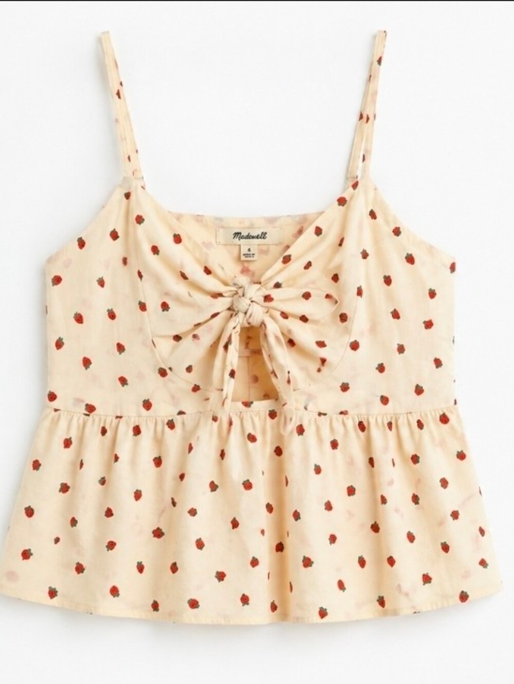 Madewell Strawberry Print Tie Front Cami Tank Top Size 4 Cream Red Cottagecore