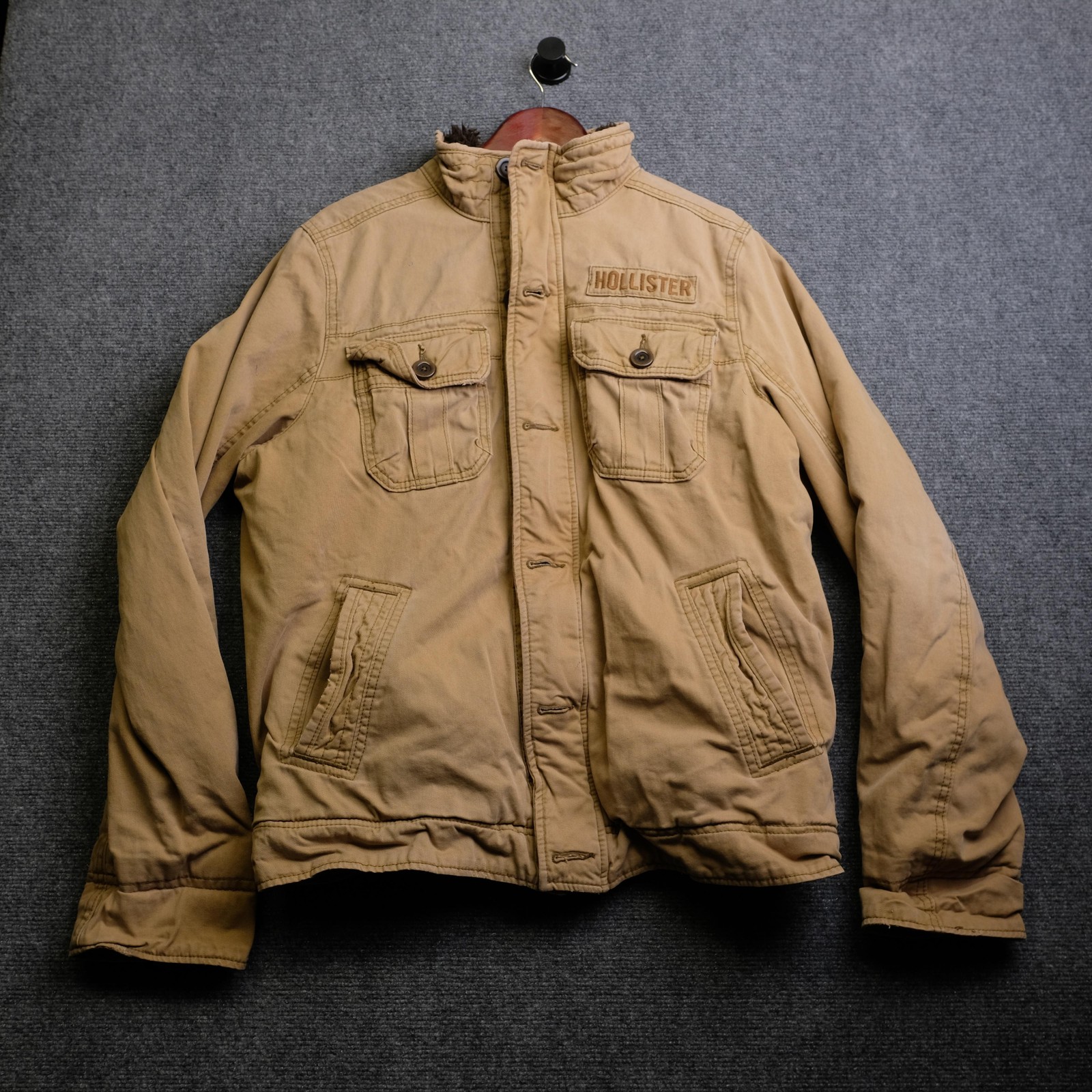 Hollister Jacket Mens XL Beige Canvas Sherpa Lined Carpinteria Full Zip Pockets