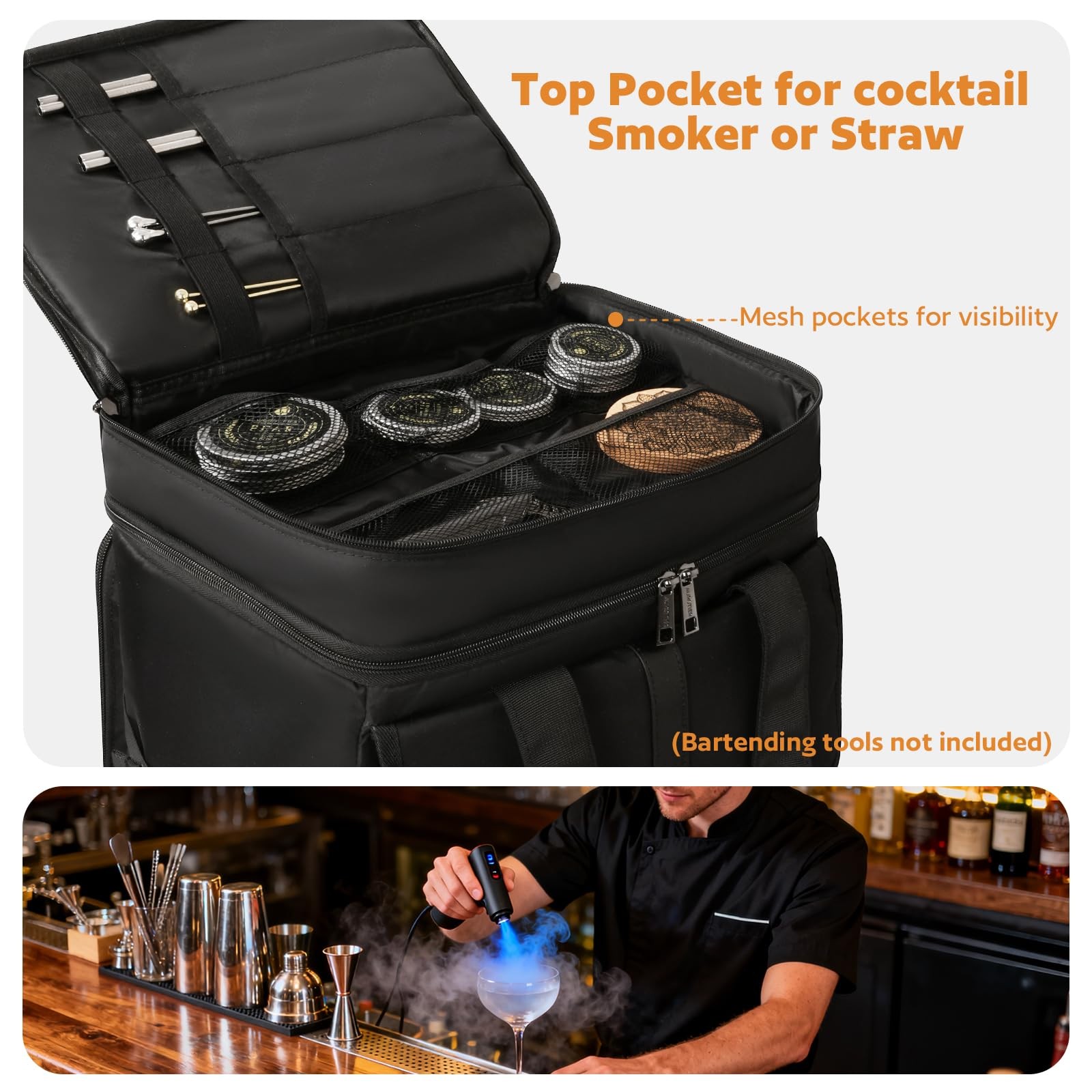Bartender Bag, Leakproof Travel Bartender Kit Backpack for Carrying Bar Kit, Por
