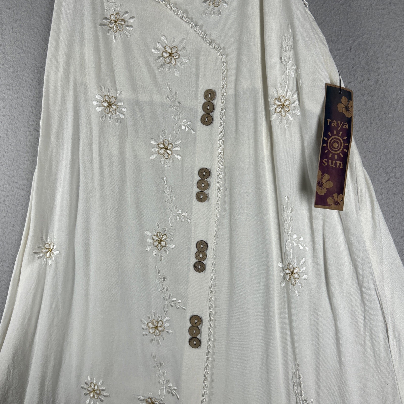 Raya Sun Women’s Size XL Boho Embroidered Sundress Lace Trim Hand Wash Beige 38”