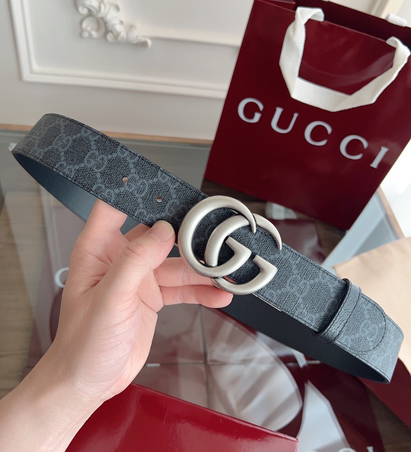 New Gucci Black Leather GG Canvas Men’s Reversible Belt Retro GG Buckle 3.7cm