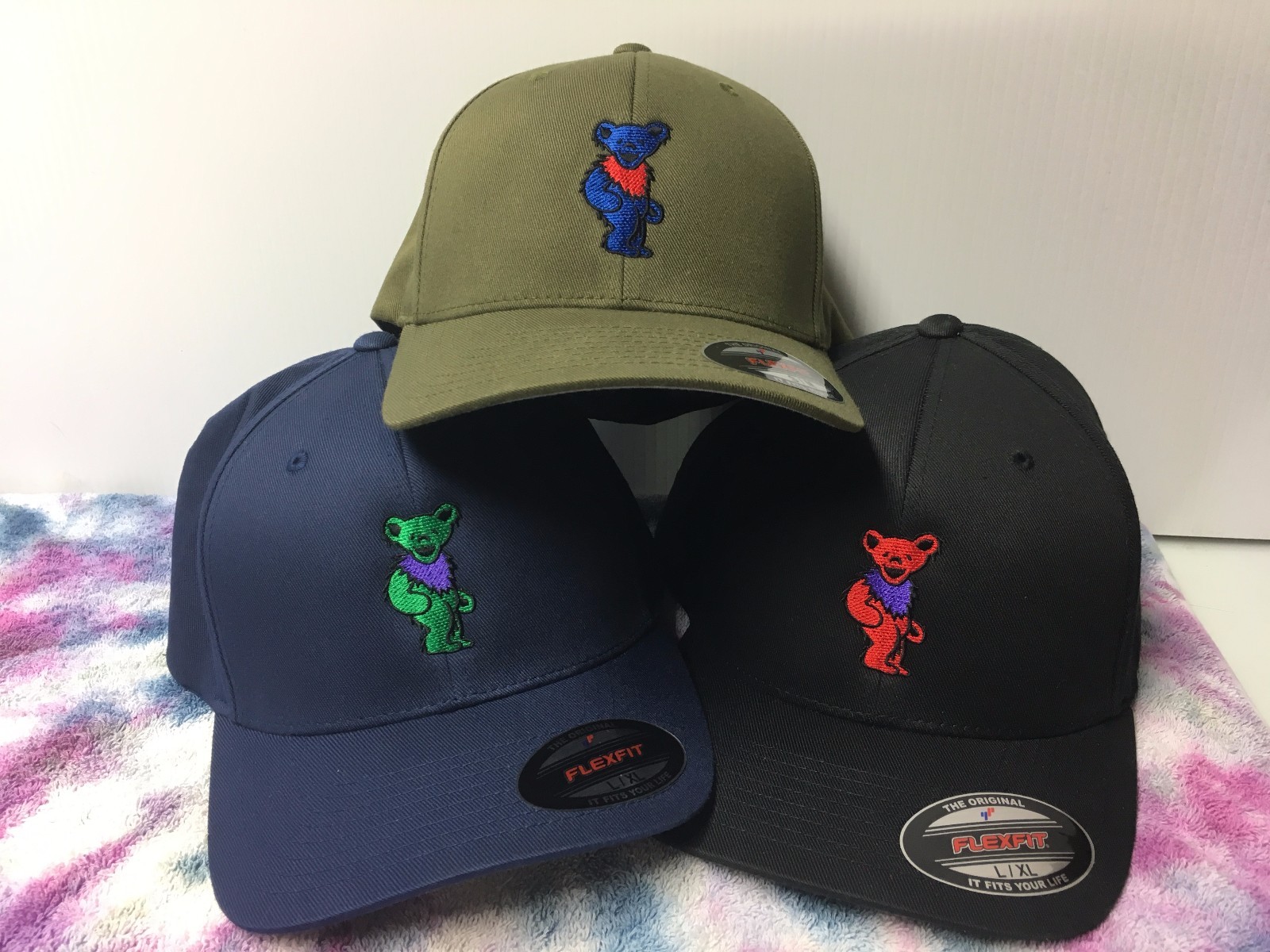 Grateful Dead Dancing Bears Embroidered Flexfit Ball Cap Black, Navy or Olive