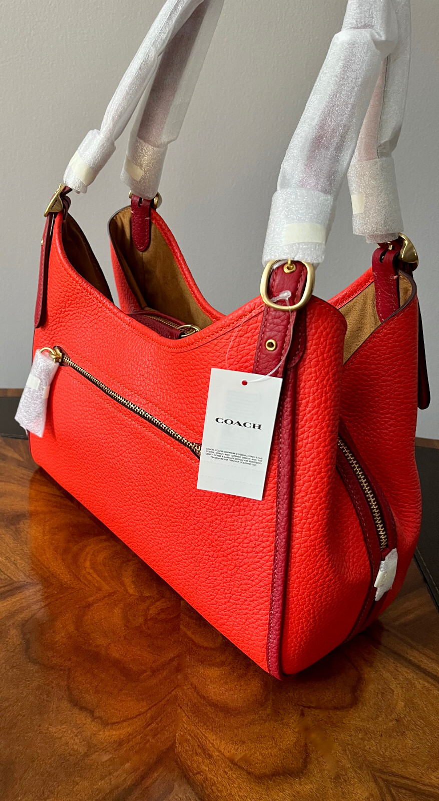 NWT COACH LORI SHOULDER BAG Red Orange 2-Tone Pebble Leather 3-Compartments $395