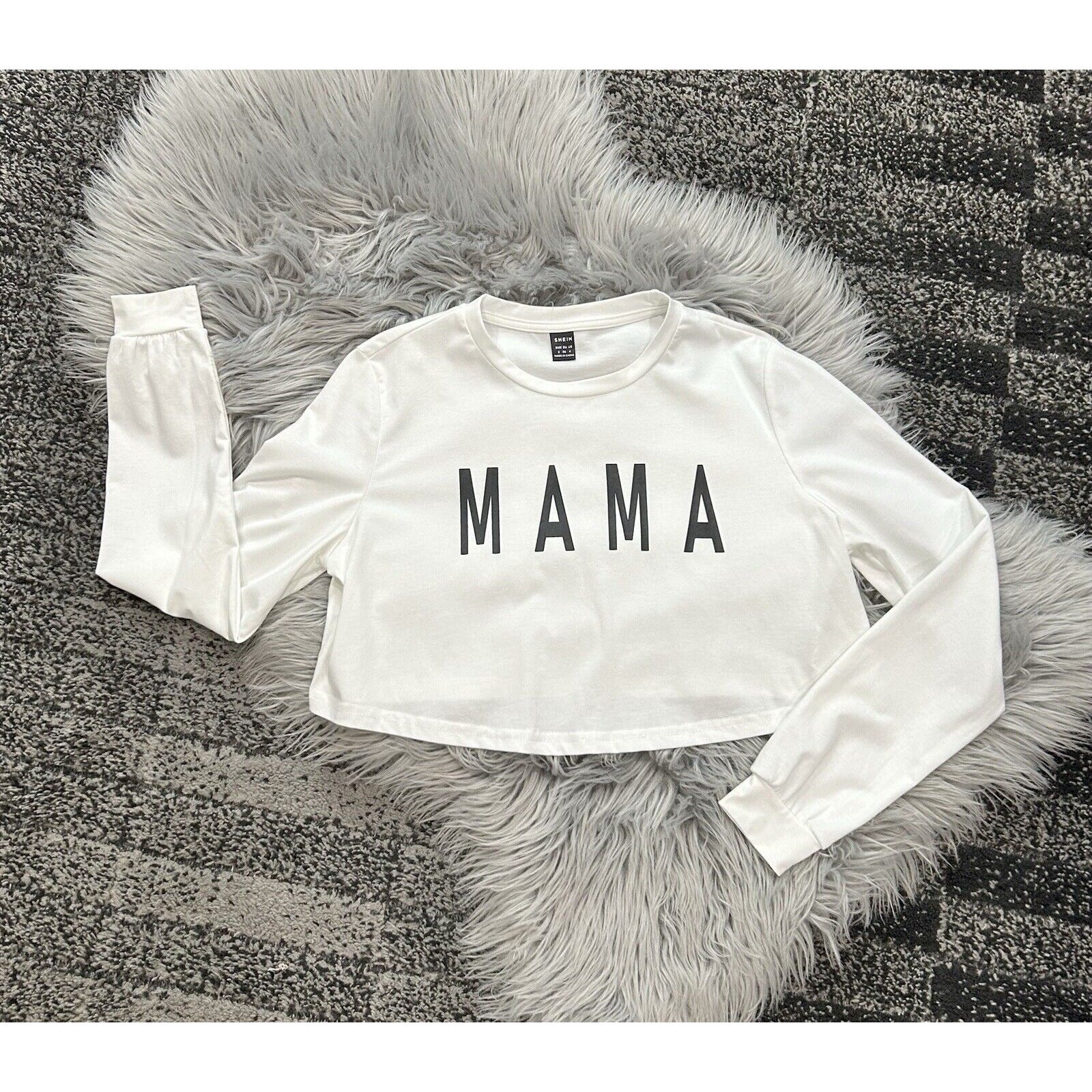 MAMA Screen Printed White Long Sleeve Crop Top For Women Size Small