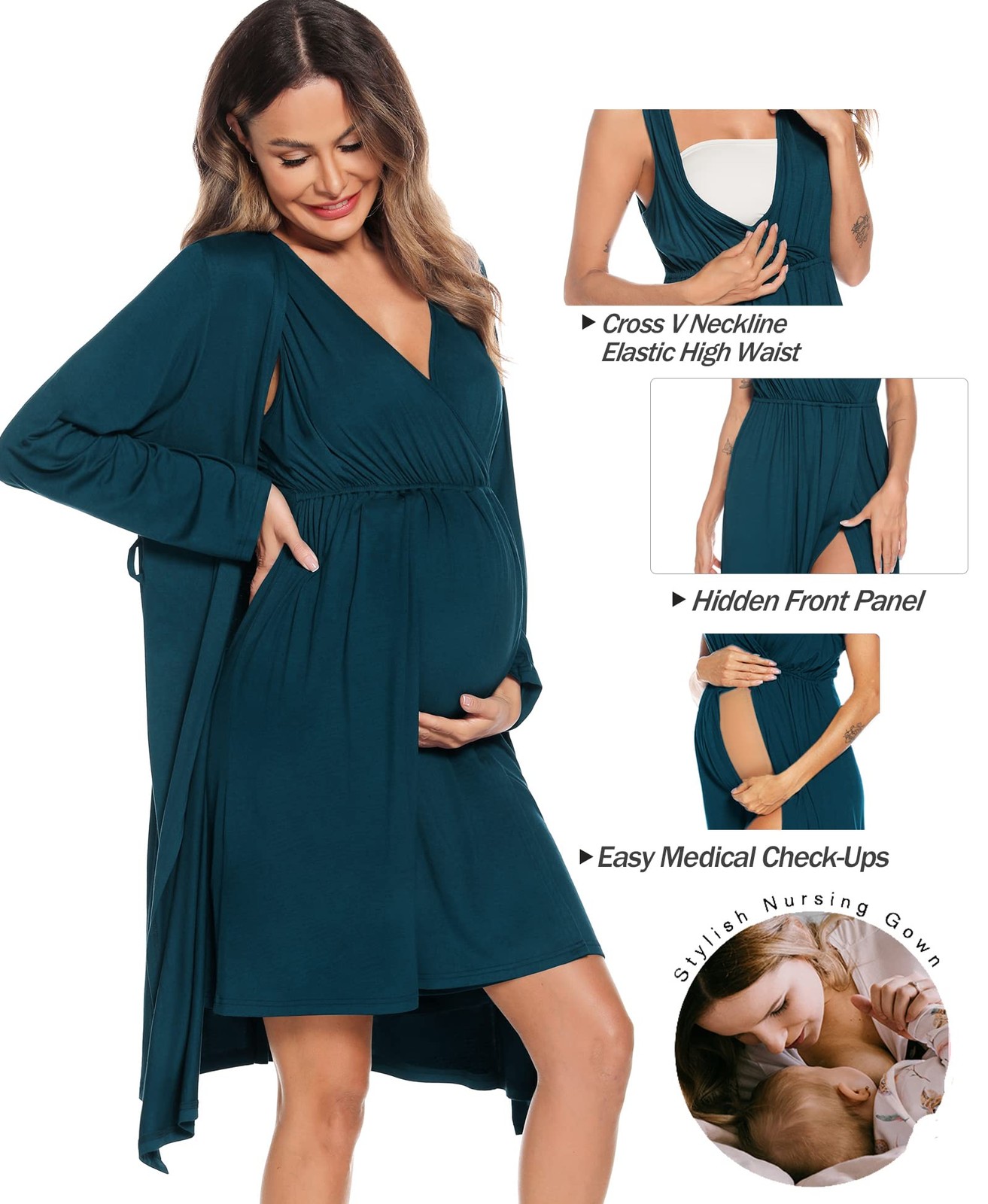 Maternity Nursing Gown and Robe Set 3 in 1 Labor Delivery Nursing Nightgown f…