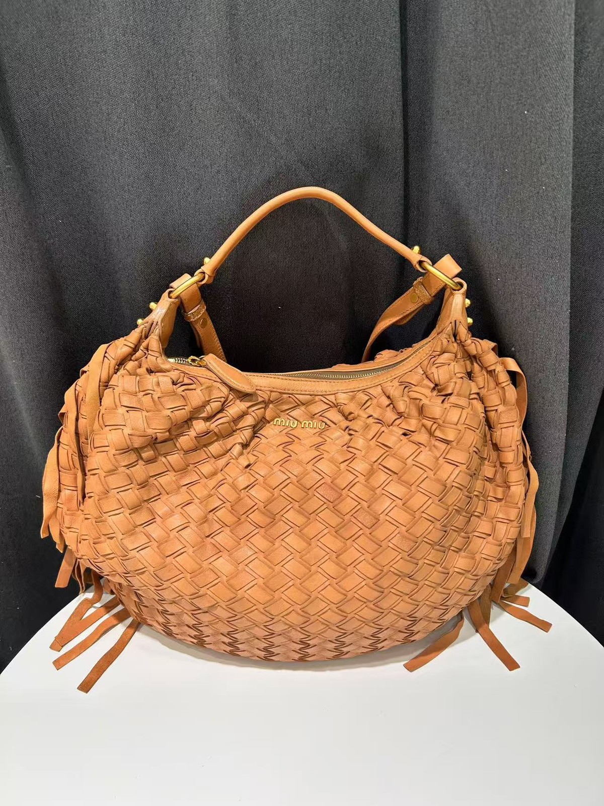 Miu Miu Handbag Woven Tassel Caramel Brown Lambskin Leather Italy