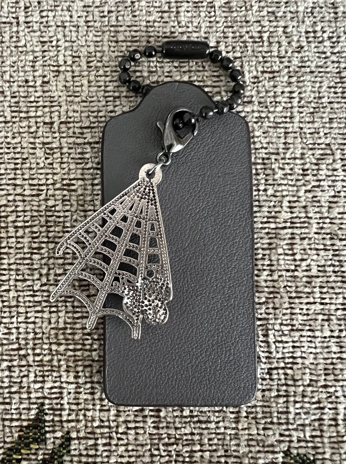 Genuine Coach 2.25” Gray Leather HangTag Fob Spider Web Blue Spidey Charm New
