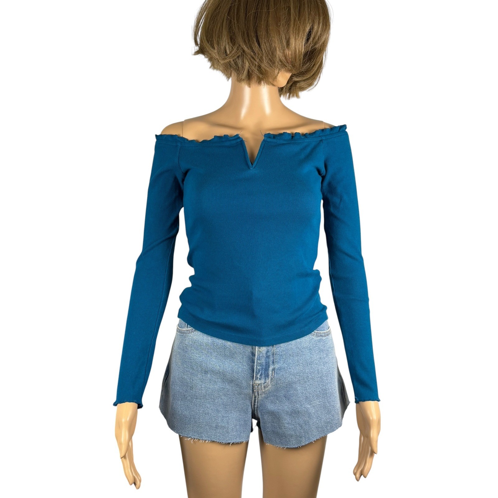 Aeropostale Teal Blue Ribbed Off Shoulder Ruffle V-Notch Long Sleeve Top Small
