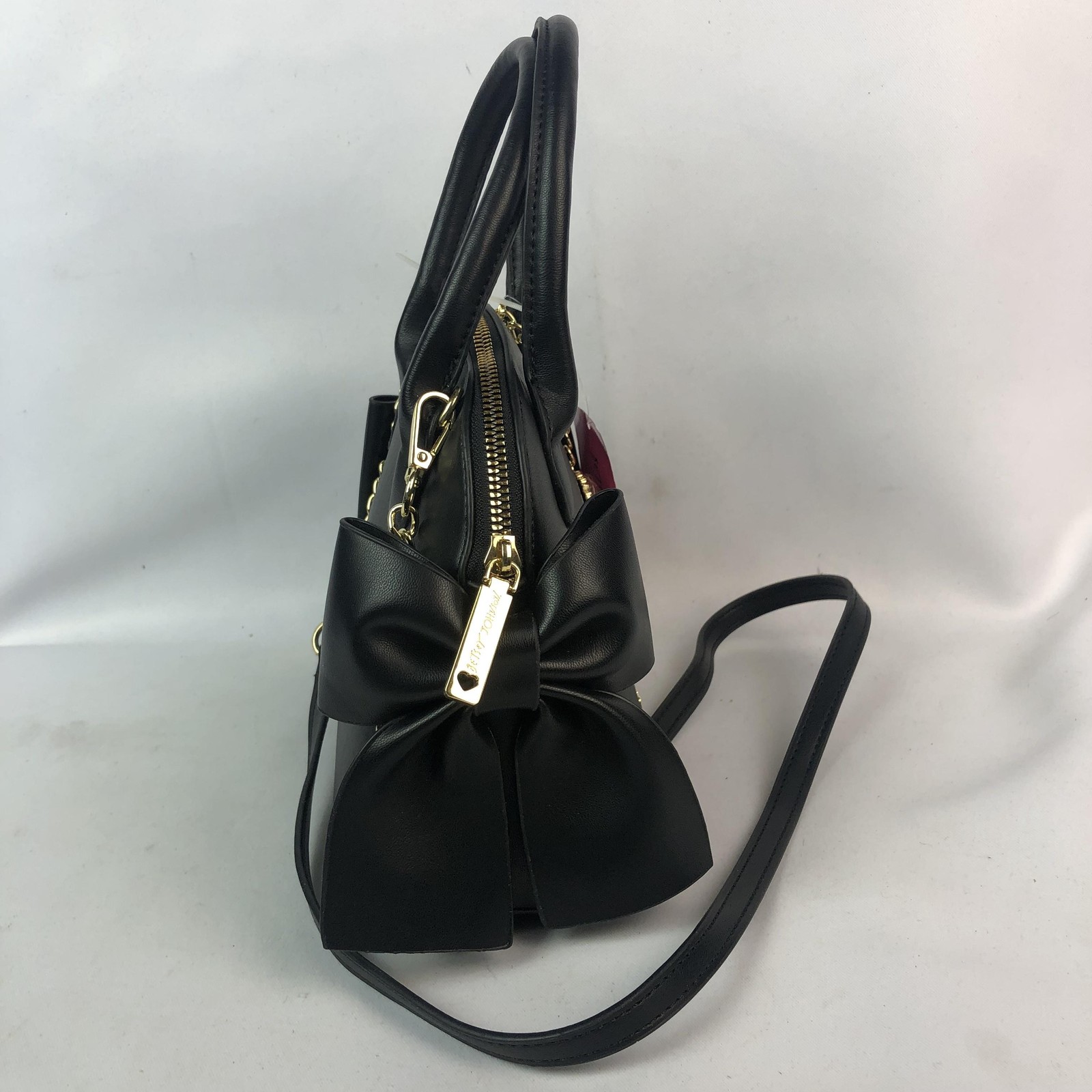 Betsey Johnson Satchel Bag Womens Black XOHOLLY Dome Bows Heart Charm NWT READ