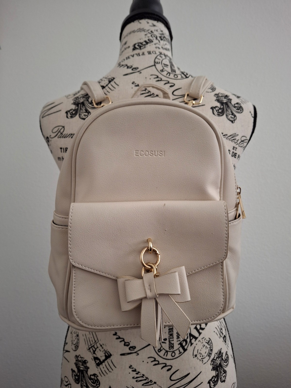 Ecosusi Women’s Cream Mini Small Backpack Bow Gold Zip Close Adjustable Straps