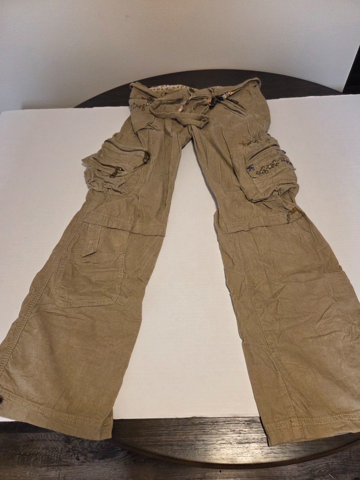 Miss Me Tan Corduroy Cargo Pants Studded Rhinestone Y2K Utility Flare Khaki