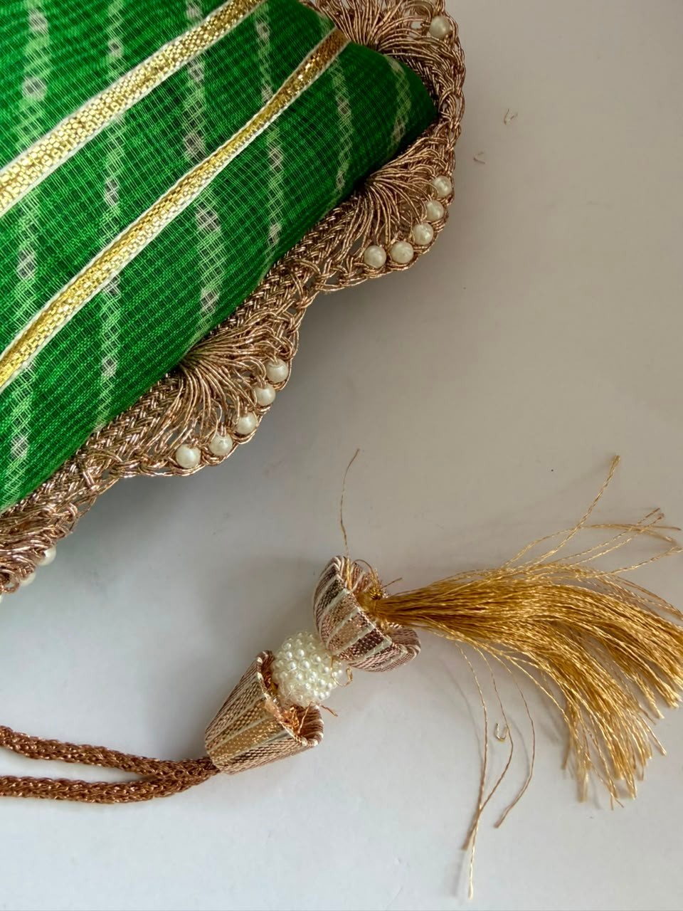 Indian Green Leheriya Gotta Handwork Flower with Pearl Lace and Handle Potli Bag