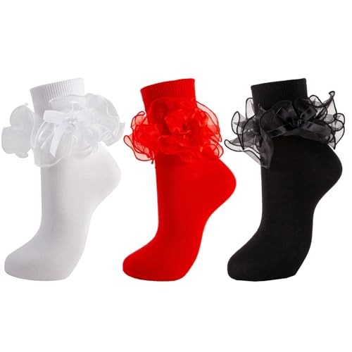 Women Big Ruffle Ankle Socks Double Lace 9-11 3 Pairs – White, Red, Black