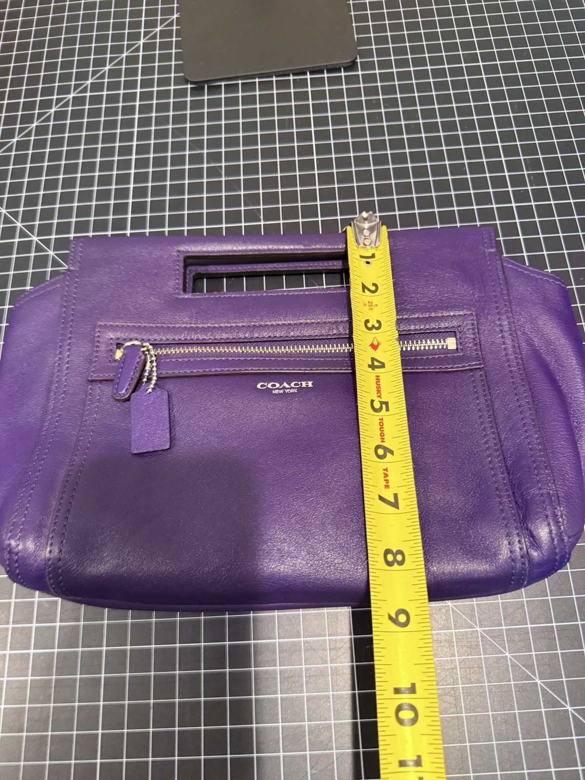 Coach Madison Purple Leather Sophia Clutch Cutout Handle Zip Pocket Evening Bag