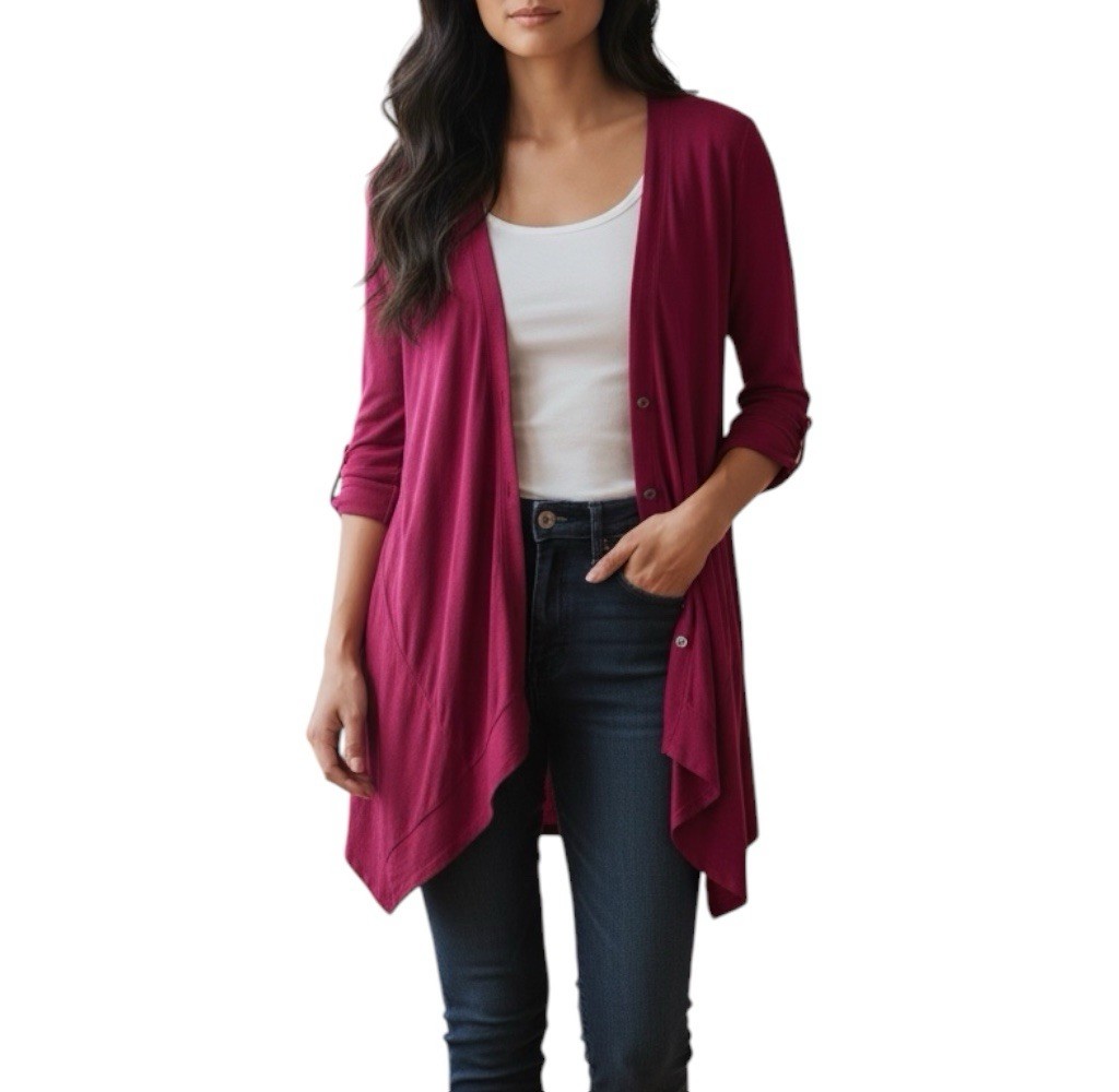 LOGO by Lori Goldstein Fuchsia Relaxed Asymmetric Button Front Cardigan Size L