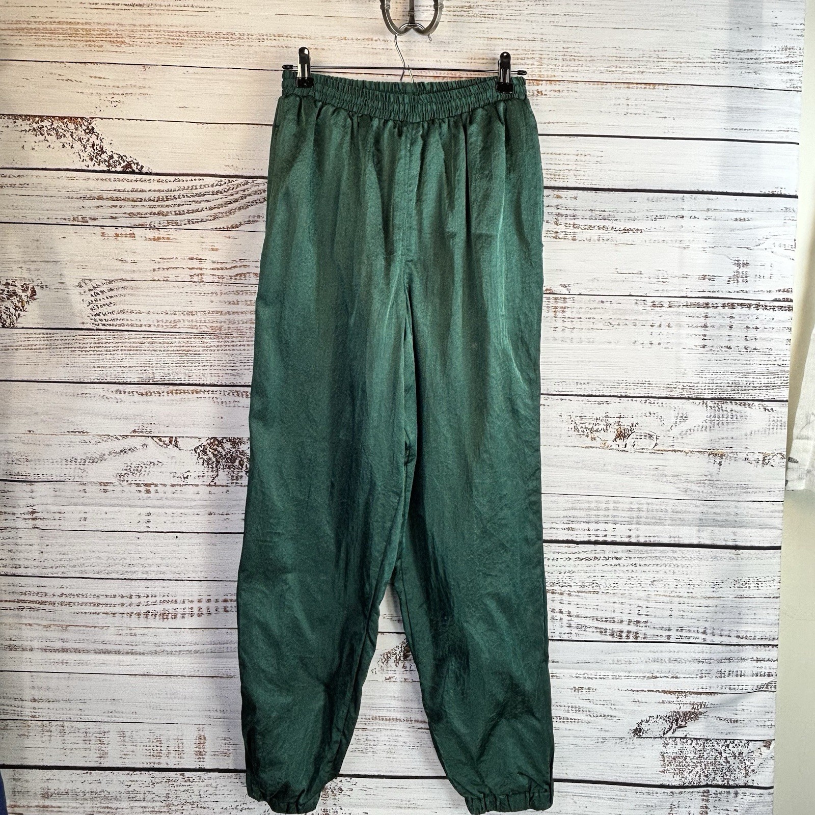 Vintage Parachute Pants M Emerald Green Silky Shiny Lined Barrel Jogger Wide