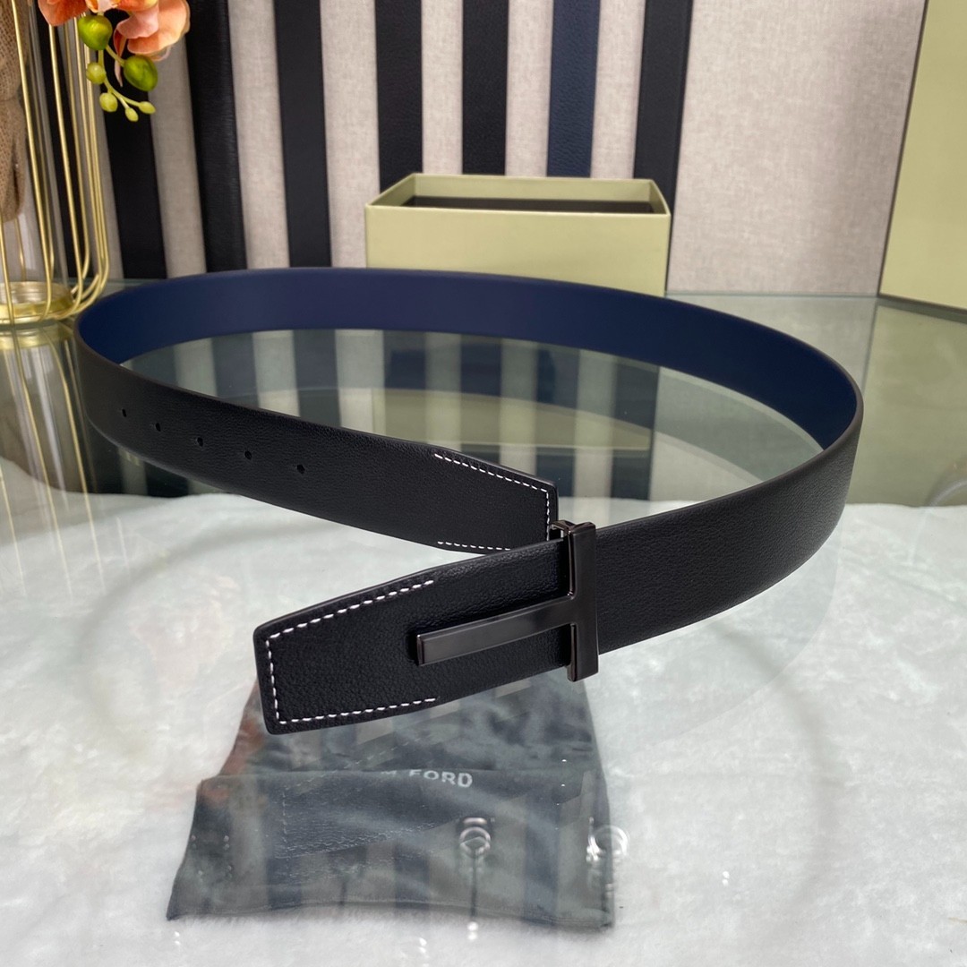Tom Ford Mens Black/Blue Reversible Leather Belt Simple T Buckle